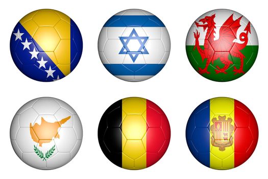 balls with flags of countries: Bosnia; Herzegovina, Belgium, Israel, Wales, Cyprus, Andorra.