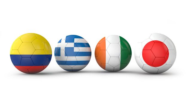balls with flags of Colombia, Greece, Ivory Coast, Japan