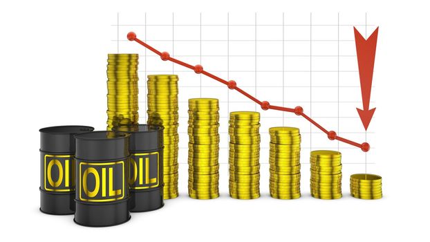 barrels of oil and a stack of coins on the background of the graph of lowering