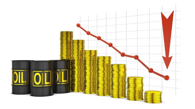 barrels of oil and a stack of coins on the background of the graph of lowering