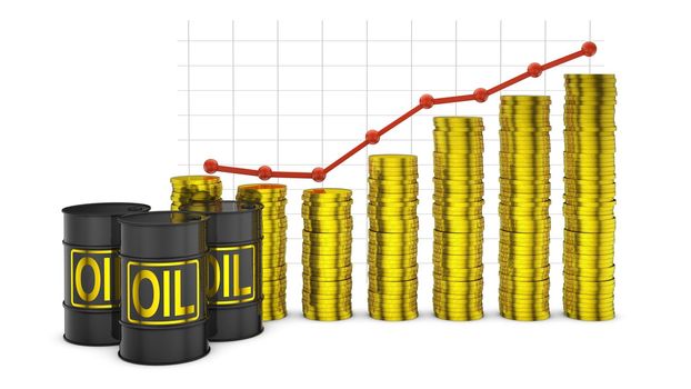 barrels of oil and a stack of coins on the background of the rising graph