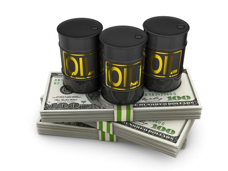 barrels of oil on packs of dollars