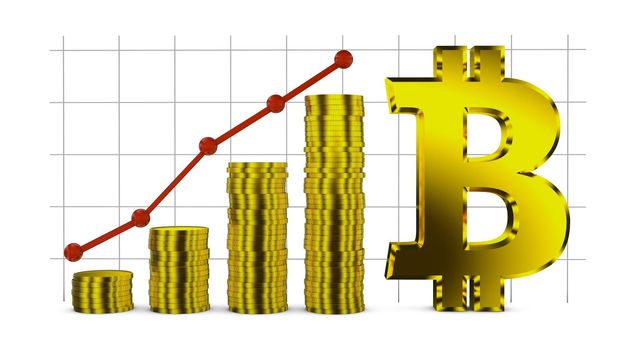 Bitcoin symbol and Infographics with stacks of coins