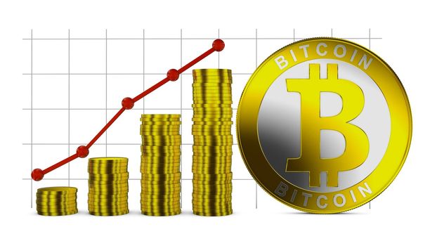 Bitcoin symbol and Infographics with stacks of coins