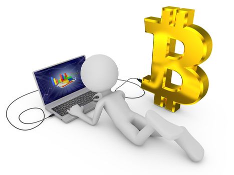 man with a laptop that is connected to the symbol bitcoin