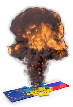 Blast puzzles with flags of Ukraine, Russia, the European Union.