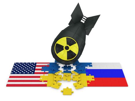 black bomb with radiation sign and puzzles with the flags of Russia, Ukraine and the USA