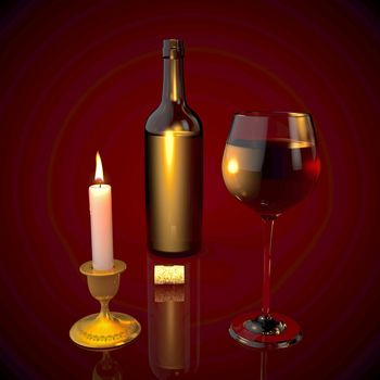 a glass of wine, a bottle and a candle on a red background