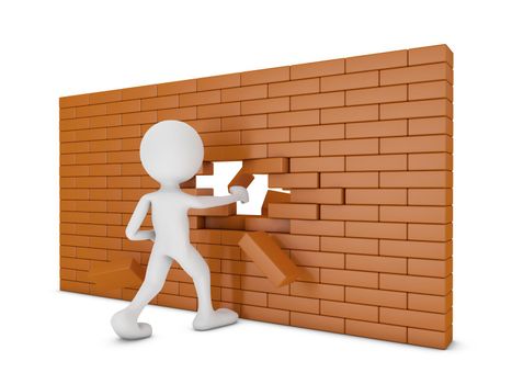 man destroys a brick wall -3d render