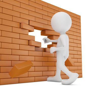 man destroys a brick wall -3d render