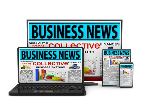 Laptop, monitor, tablet and smartphone with business news on screen.