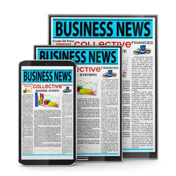 two tablet and smartphone with business news on screen
