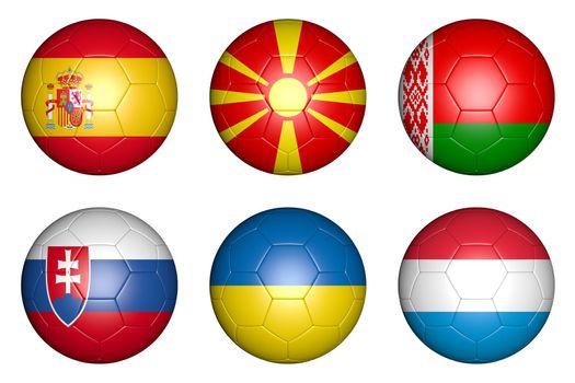 balls with flags of countries: Spain, Ukraine, Slovakia, Belarus, Macedonia, Luxembourg.