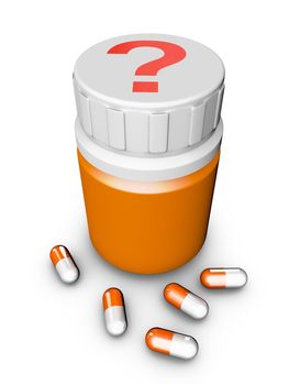 bottle with a question mark depicted and capsules