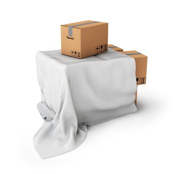 cardboard boxes covered with a cloth on a white background