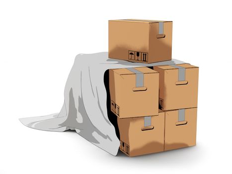 cardboard boxes covered with a cloth on a white background
