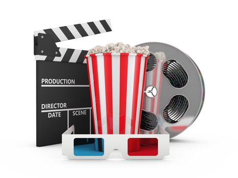 Popcorn, reel of film, 3D glasses and clapboard