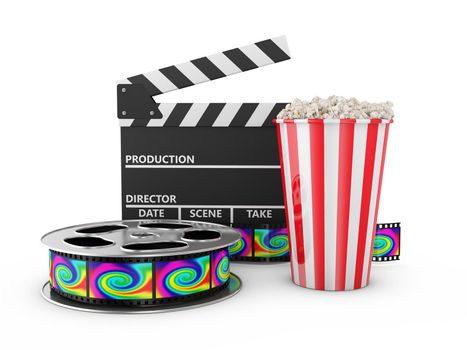 Popcorn, reel of film and clapboard on white background