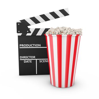 Popcorn and clapboard on white background 3d render