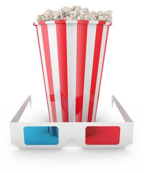Popcorn and 3D glasses  on white background