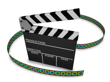 clapboard and film strip on white background