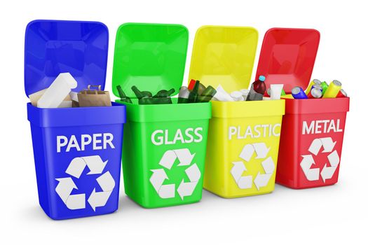 four containers of trash on a white background