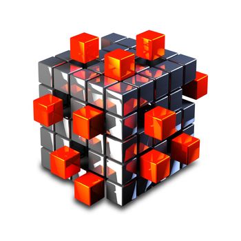 Steel and red cubes on a white background