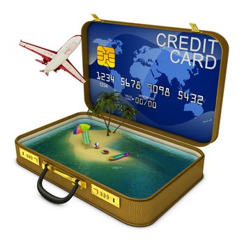 suitcase in which the inside of a credit card and a tropical island