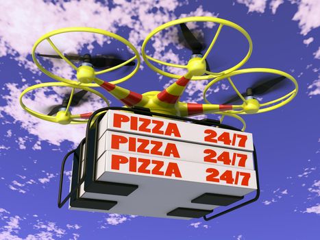 Flying drone to which are attached three boxes of pizza.