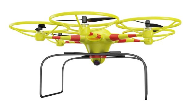 Flying drone with a digital camera, 3d render.