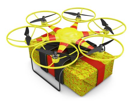 Flying drone to which is attached gift box.