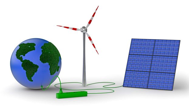 earth covered with grass, wind generator and solar panel