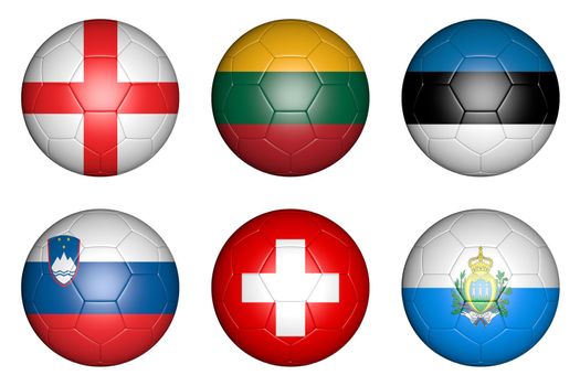 balls with flags of countries: England, Switzerland, Slovenia, Estonia, Lithuania, SanMarino.