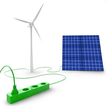 Wind turbines and solar panels feed electricity