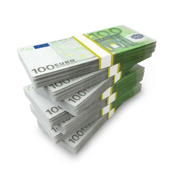 seven packs of euro banknotes on a white background