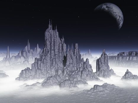 fantasy landscape of the planet in the night sky 3d render