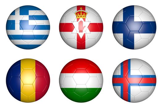 balls with flags of countries: Greece, Hungary, Romania, Finland, Ireland, Faroe; Islands.