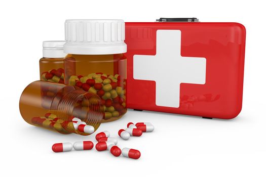 bottles of medicinal capsules and red suitcase