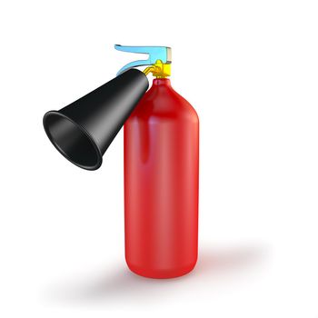 red fire extinguisher with spray on white background