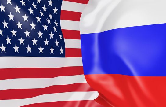 waving flags of the United States and Russia