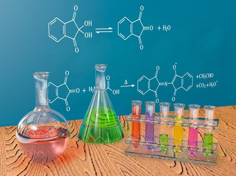 flasks chemistry and board with chemical formulas