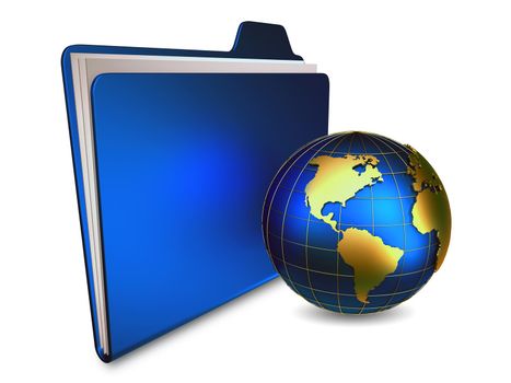 blue folder with sheets of paper and a globe