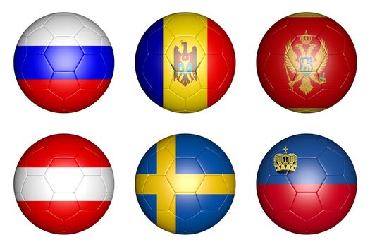 balls with flags of countries: Russia, Sweden, Austria, Montenegro, Moldova, Liechtenstein.