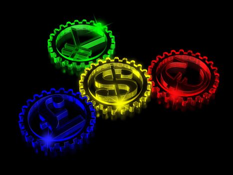 gears of different currencies on a black background