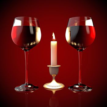 two glasses of red wine and a candle on a red background