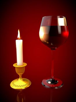 glass of red wine and a candle on a red background