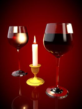 two glasses of red wine and a candle on a red background