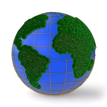 Globe with continents made ​​of grass on white background