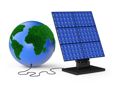 globe and solar panel on white background