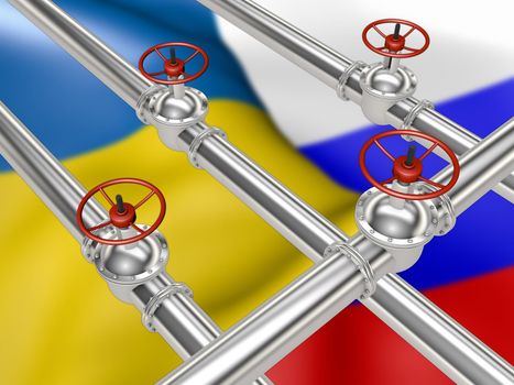 Glossy pipes and valves connection - on the background of the flag of Ukraine and Russia